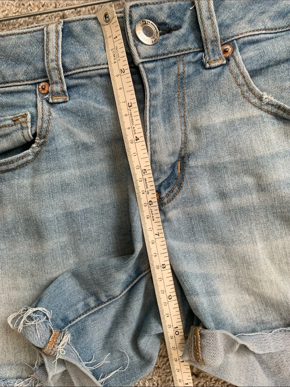 American Eagle Super Super Stretch Light Blue Denim Midi Shorts